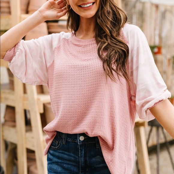 Dash of Pink Tops - Waffle Knit & Camo Top